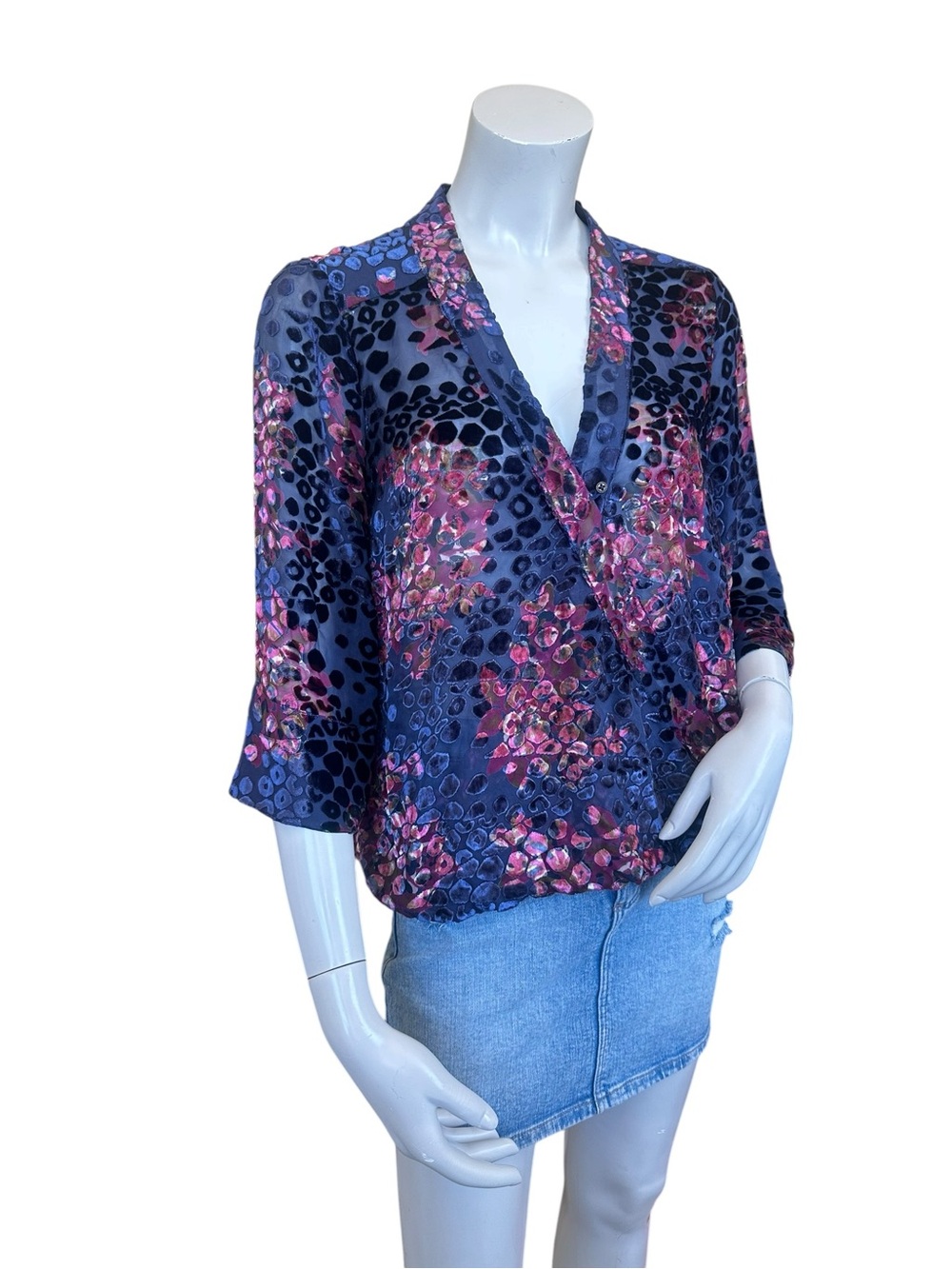 Anthropologie Floreat Navy Blue Pink Floral Leopard Silk Blend Burnout Blouse XS - Picture 2 of 8